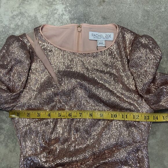 Rachel Zoe Dress Womens 2 Sequin Bellini Pink Long Sleeve Maxi Side Slit Evening - Picture 2 of 14